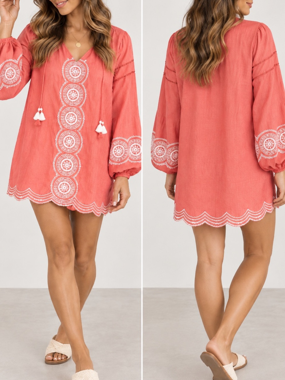 Show Me Your Mumu Claudine Coral Embroidered Boho Tunic Mini Dress